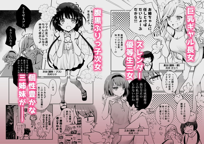 【エロ漫画】ギャルの長女と優等生JKの次女、まだロリな三女が小遣い分配レズバトルしてビッチな巨乳を鷲掴みにしたら発育中の貧乳揉まれてワレメ弄りwwオナニーが趣味の三女が未体験のバイブで次女や長女をアクメさせて百合乱交w03枚目